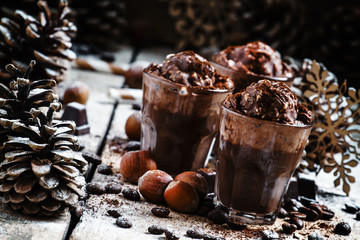 Chocolate and coffee festive dessert with nuts, Christmas or New