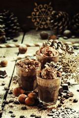 Chocolate and coffee festive dessert with nuts, Christmas or New