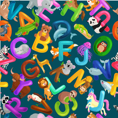 seamless pattern animals alphabet for kids abc education in preschool.