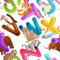 seamless pattern animals alphabet for kids abc education in preschool.