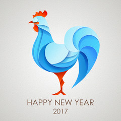 3D Origami Silhouette of cock or chicken. Happy New Year card 2017