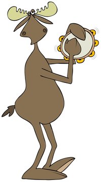 Illustration of a bull moose playing a tambourine and tapping its foot.