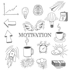Hand drawn vector illustration set of motivation and buisness sign and symbol doodles elements.