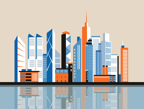 City downtown landscape. Skyscrapers in the town. Flat vector illustration.