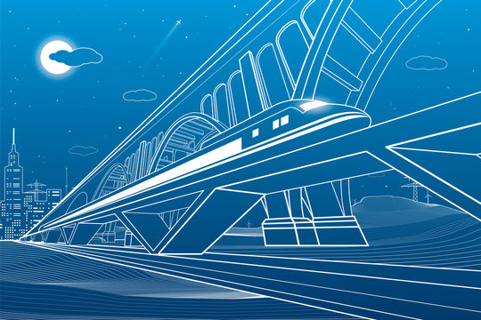 Train move on the bridge, night city, industrial and transportation illustration, white lines landscape, night town, vector design art 