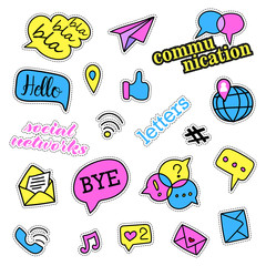 Pop art set with fashion patch badges. Social networks set. Stickers, pins, patches, quirky, handwritten notes collection. 80s-90s style. Trend. Vector illustration isolated. Vector clip art.