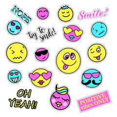 Pop art set with fashion patch badges. Smiles set. Stickers, pins, patches, quirky, handwritten notes collection. 80s-90s style. Trend. Vector illustration isolated. Vector clip art