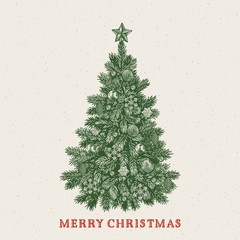 Christmas tree. Vintage greeting card with Merry Christmas inscription
