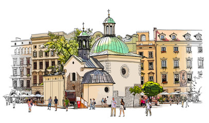 Fototapeta The town square in Krakow. Poland. Color vector illustration obraz