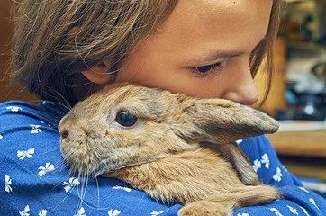Obraz premium Nice girl embracing a funny rabbit