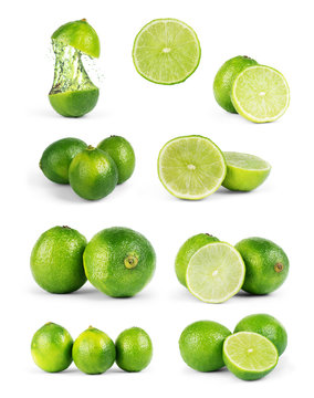 Whole lime fruit and slices isolated on white background with cl