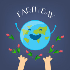 Fun Earth Day Card with hands and tulips. Vector illustration.