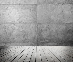room interior with wooden floor and cement  wall