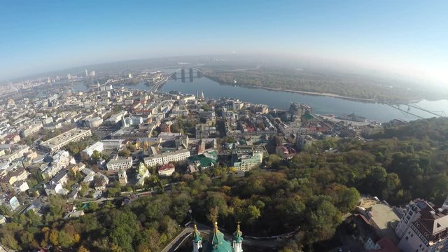aerial view of the autumn Kiev, Podol, St. Andrew's church, raw