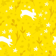 Seamless newborn pattern with flowers and rabbit. Vector summer background