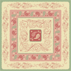 Design Women's scarf.The artwork in Warm colors. Floral pattern. Square border of decorative elements Paisley.Vector image of template to print on fabric, textiles.