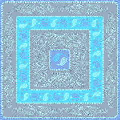 Design bandana scarf. The artwork in the style of Paisley. Blue background and floral patterns.Vector image of template to print on fabric, textiles.