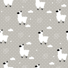 Seamless pattern polka dot with lama and clouds. Vector  background - 123913513