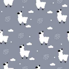 Seamless pattern polka dot with alpaca and clouds. Vector  background