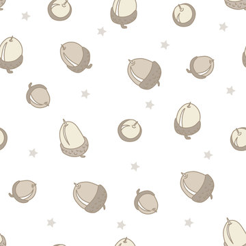 Seamless  pattern with pastel acorns and stars. Vector background.