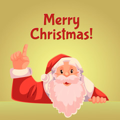Cartoon style Santa Claus pointing up, Christmas vector greeting card, gold background, text at the top. Half length portrait of Santa pointing up, Christmas greeting card template