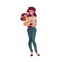 Happy mother holding her daughter in hands, cartoon vector illustrations isolated on white background. Pretty young smiling woman with little daughter in her hands, happy family concept