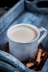 Hot beverage in big metal mug and spices.