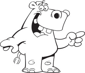 Black and white illustration of a hippo pointing.