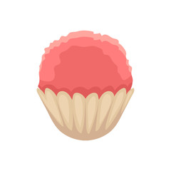 Cupcake with pink colored icing, cartoon vector illustration isolated on white background. Strawberry, raspberry muffin, cupcake, isolated dessert, yummy looking sweets