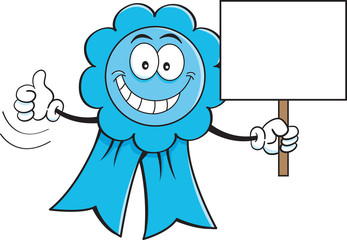 Cartoon illustration of an award ribbon holding a sign.