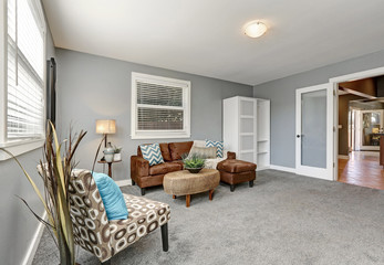 Gray tones sitting area with comfortable brown sofa