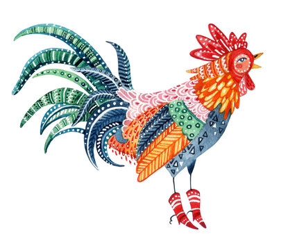 Watercolor native patterned rooster - the symbol of chinese new year.