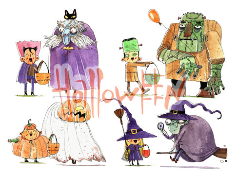 Watercolor halloween cartoon illustration, fun illustration isolated on white background