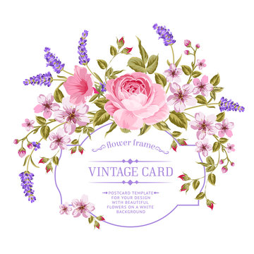 Luxurious invitation card of color peony, sacura and lavender flowers. Vintage floral invitation for spring or summer bridal shower. Rectangle card isolated over white background. Vector illustration.