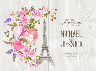 Eiffel tower icon with spring blooming flowers over gray wooden texture with sign The Marriage of Michael and Jessica. Vector illustration.