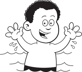 Black and white illustration of a boy swimming.