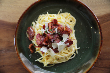 Spaghetti Carbonara with bacon and cheese