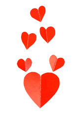Red, paper hearts. On white, isolated background.Top view. Flat lay.