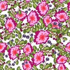 Seamless pattern of small bouquets pink flowers , blue berries and green leaves.  vector print on white background.
