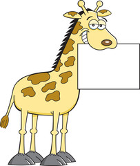 Cartoon illustration of a giraffe holding a sign.