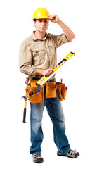 Full-length construction worker contractor carpenter isolated on white background