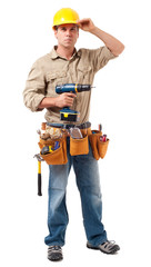 Full-length construction worker contractor carpenter isolated on white background