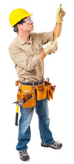 Full-length construction worker contractor carpenter isolated on white background