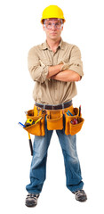 Full-length construction worker contractor carpenter isolated on white background