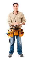 Full-length construction worker contractor carpenter with clipboard isolated on white background
