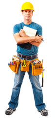 Full-length onstruction worker contractor carpenter with clipboard isolated on white background