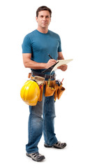 Full-length construction worker contractor carpenter repairman with cipboard isolated on white...