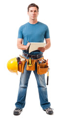 Full-length construction worker contractor carpenter with clipboard isolated on white background
