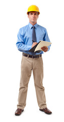 Full-length construction building contractor architect engineer businessman in shirt tie and hard hat with clipboard isolated on white background