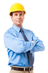 Architect engineer construction contractor businessman in hard hat with shirt and tie isolated on white background